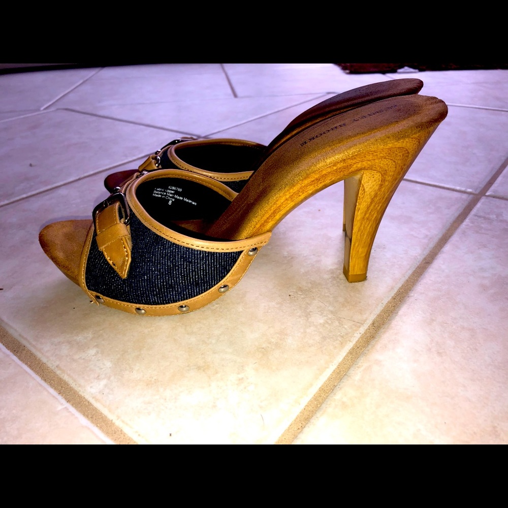 Denim/Tan wooden heels